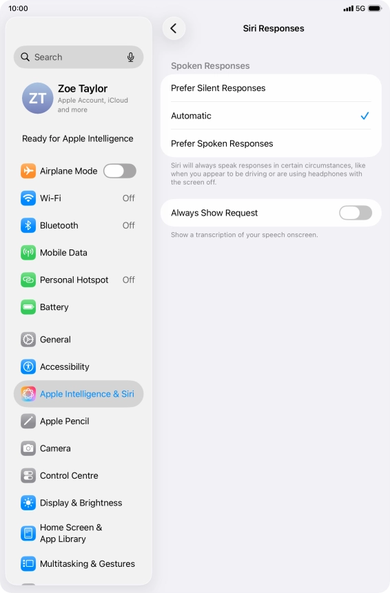 Press the required setting.