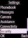 Select Security and press the Left selection key.