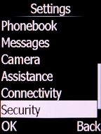 Select Security and press the Left selection key. Select Security and press the Left selection key.