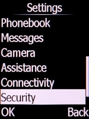 Select Security and press the Left selection key. Select Security and press the Left selection key.