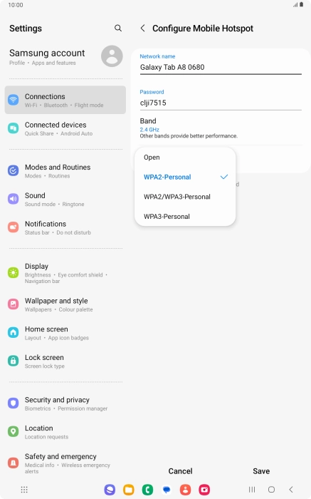 Press WPA3-Personal to password protect your Wi-Fi hotspot. Press WPA3-Personal to password protect your Wi-Fi hotspot.