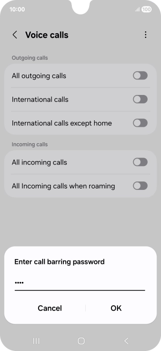 Key in your barring password and press OK. The default barring password is 1919. Key in your barring password and press OK. The default barring password is 1919.
