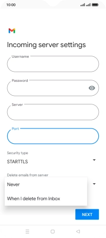 Press Never to keep email messages on the server when you delete them on your phone.