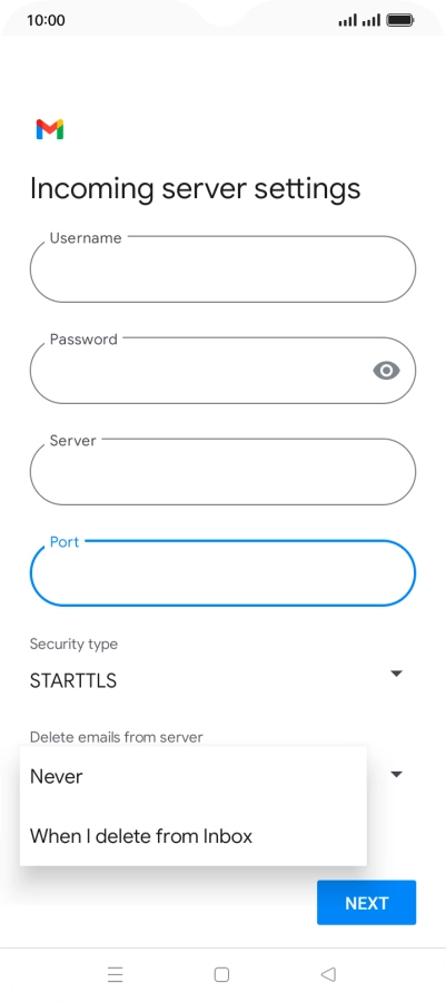 Press Never to keep email messages on the server when you delete them on your phone.