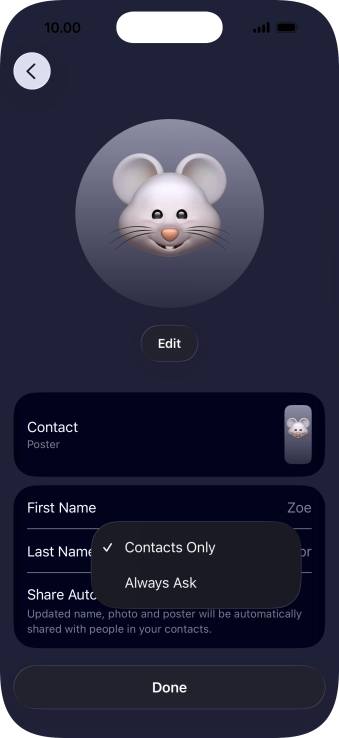 Press the required setting.