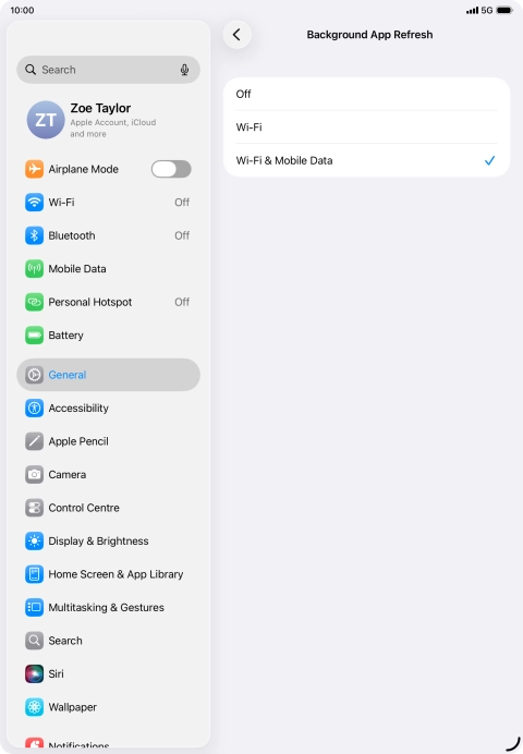 To turn off background refresh of apps, press Off. To turn off background refresh of apps, press Off.