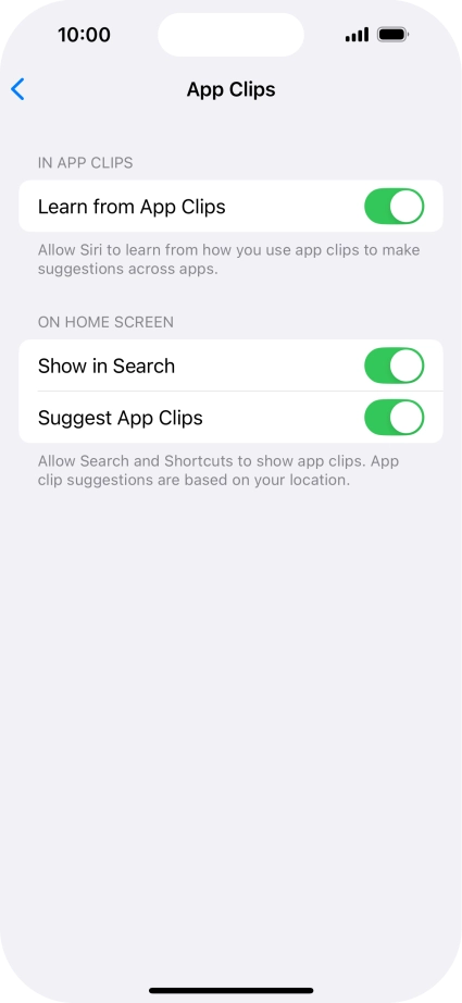 Press the indicators next to the required settings to turn them on or off.