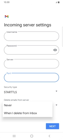 Press Never to keep email messages on the server when you delete them on your phone.