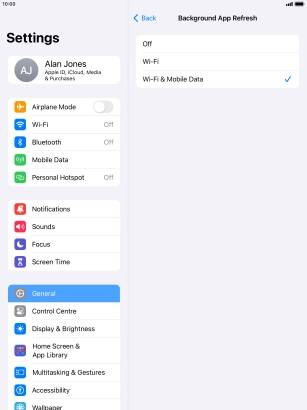 To turn off background refresh of apps, press Off. To turn off background refresh of apps, press Off.