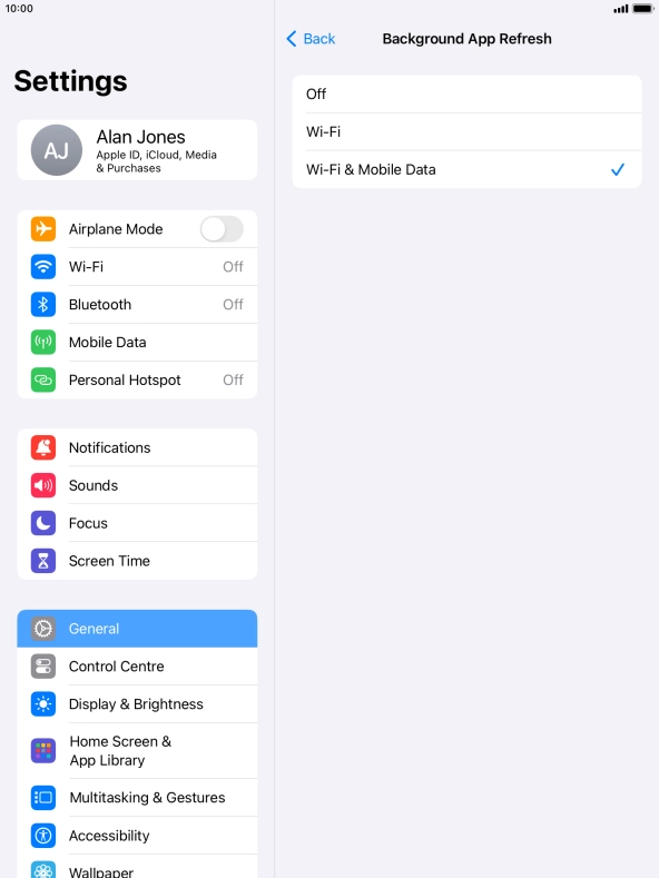 To turn off background refresh of apps, press Off. To turn off background refresh of apps, press Off.