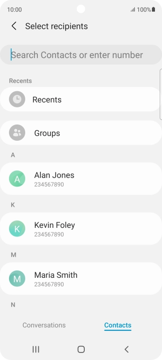 Press the search field and key in the first letters of the recipient's name. Press the search field and key in the first letters of the recipient's name.
