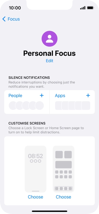 Press People and follow the instructions on the screen to select which contacts you would like to receive calls and notifications from when the selected focus mode is active. Press People and follow the instructions on the screen to select which contacts you would like to receive calls and notifications from when the selected focus mode is active.