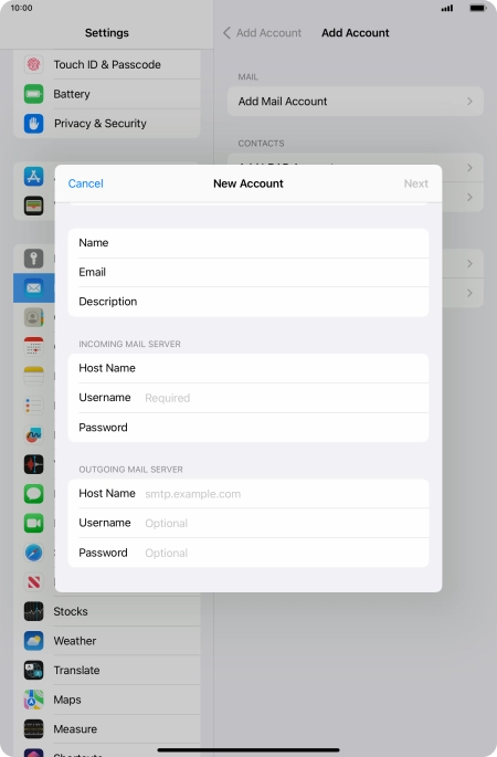 Press Username and key in the username for your email account.
