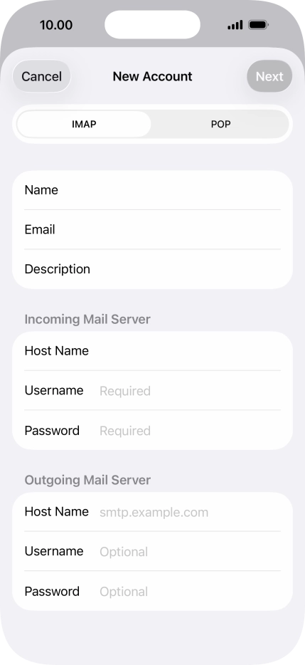 Press Username and key in the username for your email account.