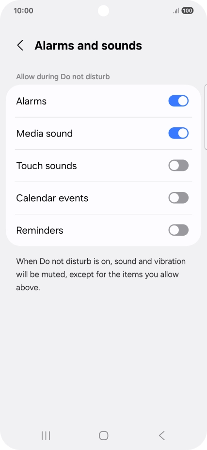 Press the required settings to turn sound and vibration for the selected functions on or off. Press the required settings to turn sound and vibration for the selected functions on or off.