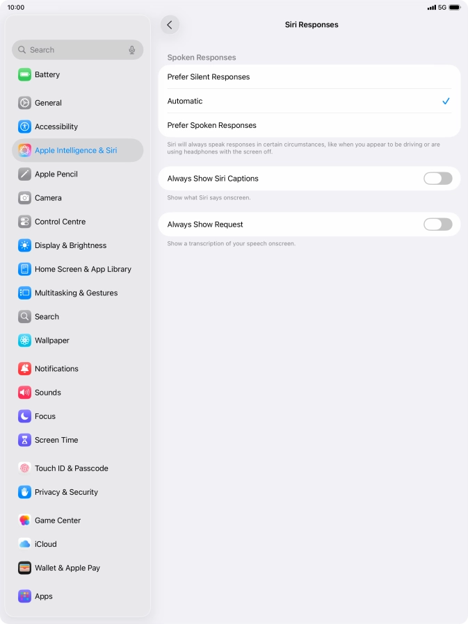 Press the required setting.