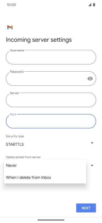 Press Never to keep email messages on the server when you delete them on your phone.