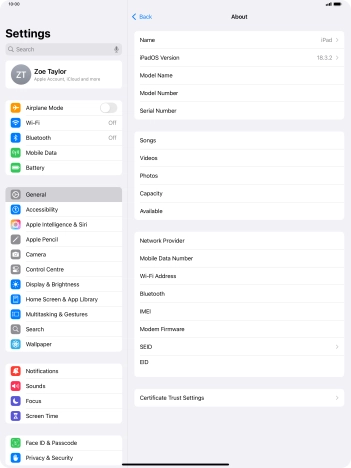 Your tablet's software version is displayed next to iPadOS Version.