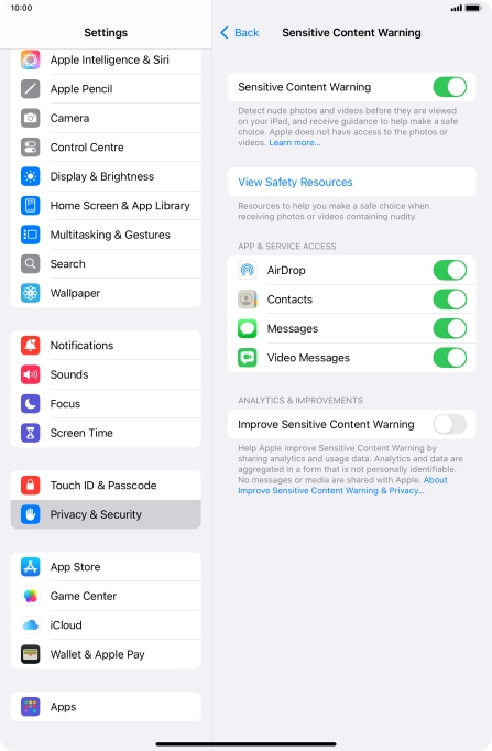 Press the indicators next to the required applications to turn the function on or off. Press the indicators next to the required applications to turn the function on or off.