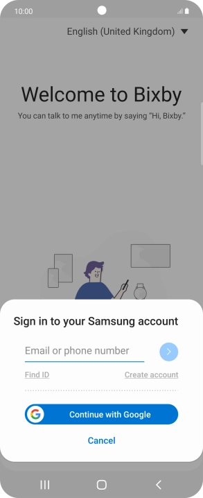 If you don't have a Samsung account, press Create account and follow the instructions on the screen to create an account. If you don't have a Samsung account, press Create account and follow the instructions on the screen to create an account.