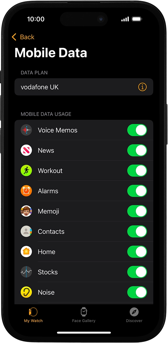 On your phone: If you've bought your Apple Watch from Vodafone, you already have a OneNumber Connectivity price plan and this screen, showing the active price plan, should be displayed.