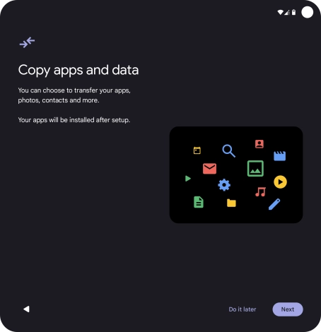 When this screen is displayed, your phone is ready to restore content from a Google One backup. When this screen is displayed, your phone is ready to restore content from a Google One backup.