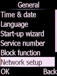 Select Network setup and press the Left selection key. Select Network setup and press the Left selection key.