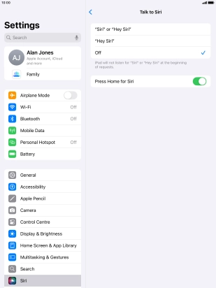Press the required setting to turn the function on or off. If you turn on the function, you need to follow the instructions on the screen to set up Siri to recognise your voice. Press the required setting to turn the function on or off. If you turn on the function, you need to follow the instructions on the screen to set up Siri to recognise your voice.
