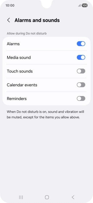 Press the required settings to turn sound and vibration for the selected functions on or off. Press the required settings to turn sound and vibration for the selected functions on or off.