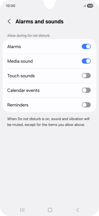 Press the required settings to turn sound and vibration for the selected functions on or off. Press the required settings to turn sound and vibration for the selected functions on or off.