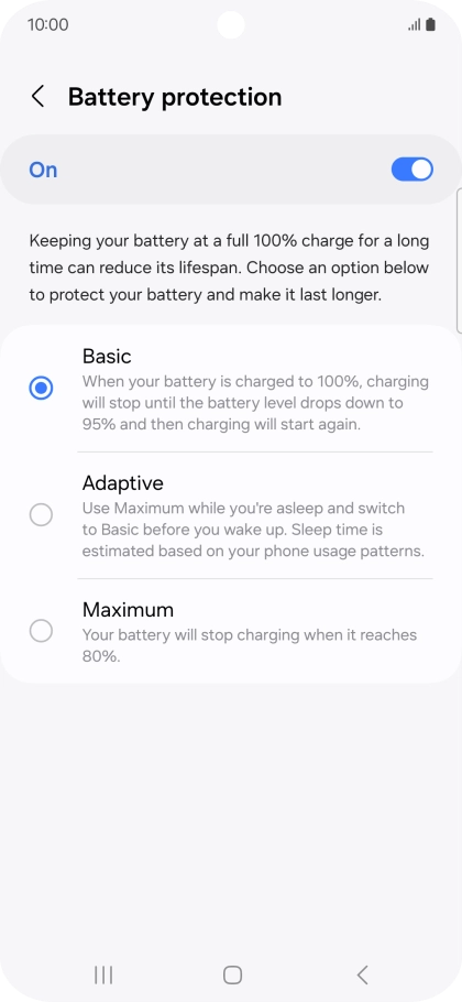 Press the required setting.