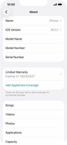 Your phone's software version is displayed next to iOS Version.