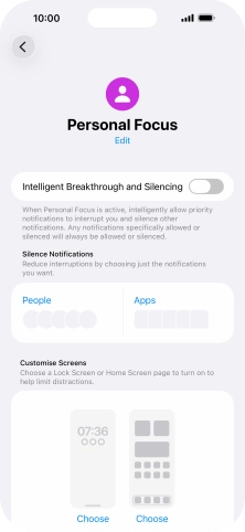 Press People and follow the instructions on the screen to select which contacts you would like to receive calls and notifications from when the selected focus mode is active. Press People and follow the instructions on the screen to select which contacts you would like to receive calls and notifications from when the selected focus mode is active.
