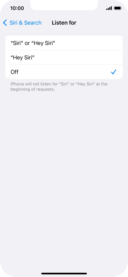 Press the required setting to turn the function on or off. If you turn on the function, you need to follow the instructions on the screen to set up Siri to recognise your voice. Press the required setting to turn the function on or off. If you turn on the function, you need to follow the instructions on the screen to set up Siri to recognise your voice.