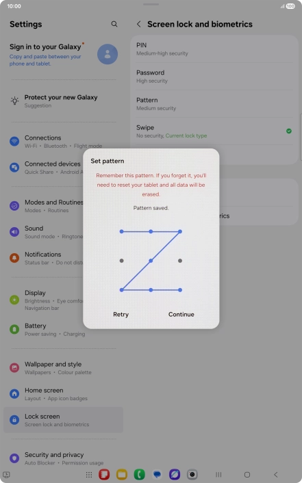 Slide your finger across the screen to connect at least four points and press Continue. Slide your finger across the screen to connect at least four points and press Continue.