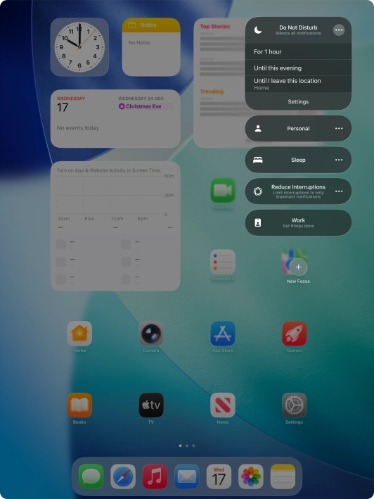 Press the required setting to activate the selected focus mode for a specified period of time or until you leave your current location.