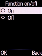 Select On and press the Left selection key to turn on the function. Select On and press the Left selection key to turn on the function.
