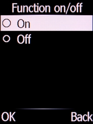 Select On and press the Left selection key to turn on the function. Select On and press the Left selection key to turn on the function.