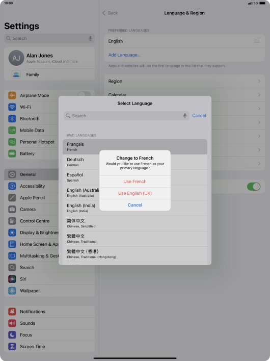 To select the new language as the default tablet language, press Use ‹language›. To select the new language as the default tablet language, press Use ‹language›.