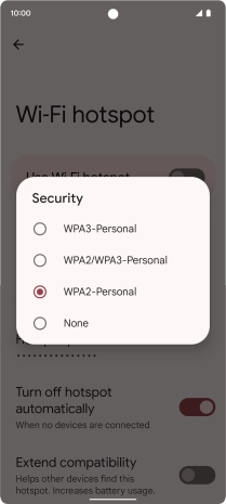 Press WPA3-Personal to password protect your Wi-Fi hotspot. Press WPA3-Personal to password protect your Wi-Fi hotspot.