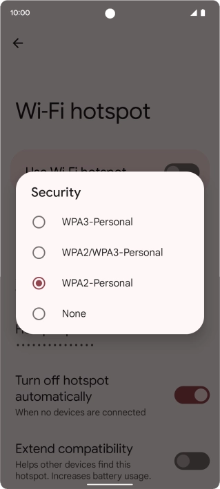 Press WPA3-Personal to password protect your Wi-Fi hotspot. Press WPA3-Personal to password protect your Wi-Fi hotspot.