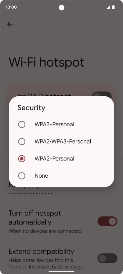 Press WPA3-Personal to password protect your Wi-Fi hotspot. Press WPA3-Personal to password protect your Wi-Fi hotspot.