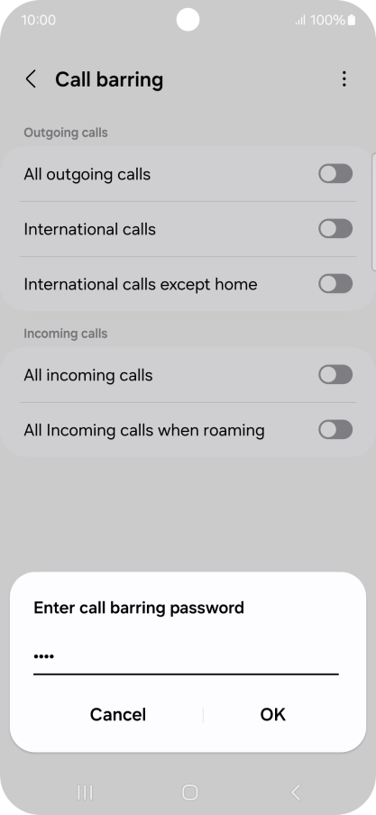 Key in your barring password and press OK. The default barring password is 1919. Key in your barring password and press OK. The default barring password is 1919.