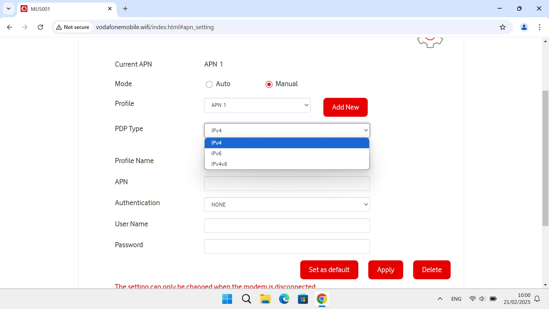 Click the required setting.