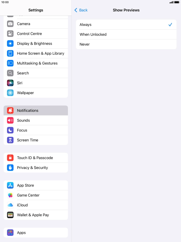 To select notification preview on the lock screen, press Always.
