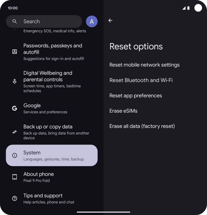 Press Erase all data (factory reset).