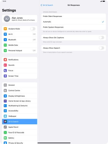 Press the required setting.