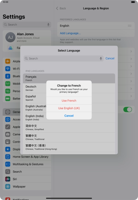 To select the new language as the default tablet language, press Use ‹language›. To select the new language as the default tablet language, press Use ‹language›.