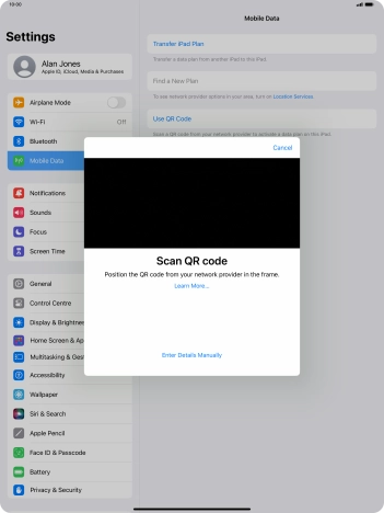 Place the QR code you've received inside the tablet camera frame to scan the code. Your eSIM is transferred to your new tablet over the internet. Place the QR code you've received inside the tablet camera frame to scan the code. Your eSIM is transferred to your new tablet over the internet.