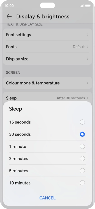 Press the required setting.